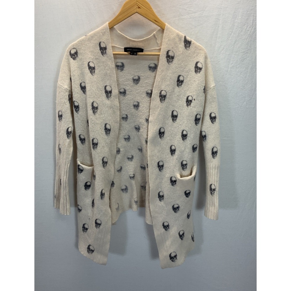 Skull Cashmere Skull Print Harper Open front‎ Cardigan Ivory Novelty Soft